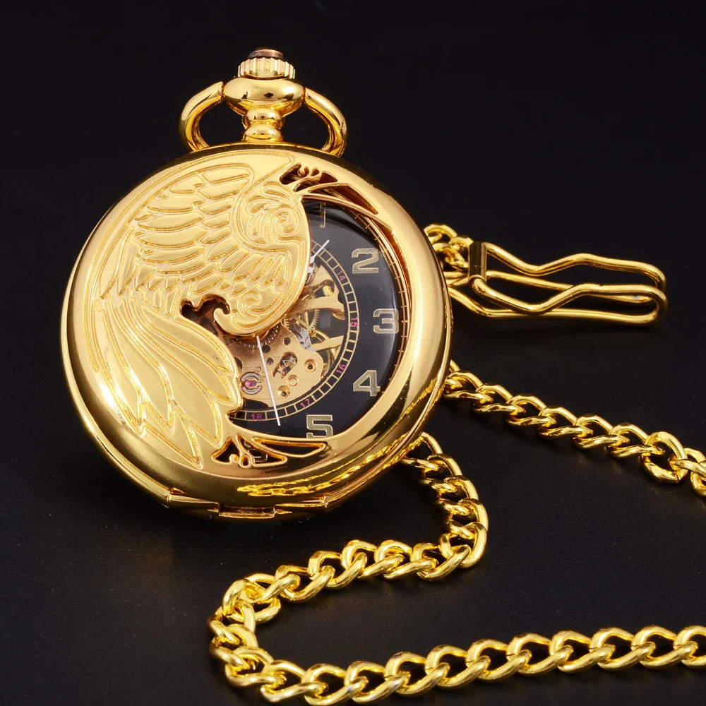 

Retro Gold Semi-hollow Phoenix Wings Carving Case Men Hand Wind Necklace Fob Clock Mens Fashion Skeleton Mechanical Pocket Watch