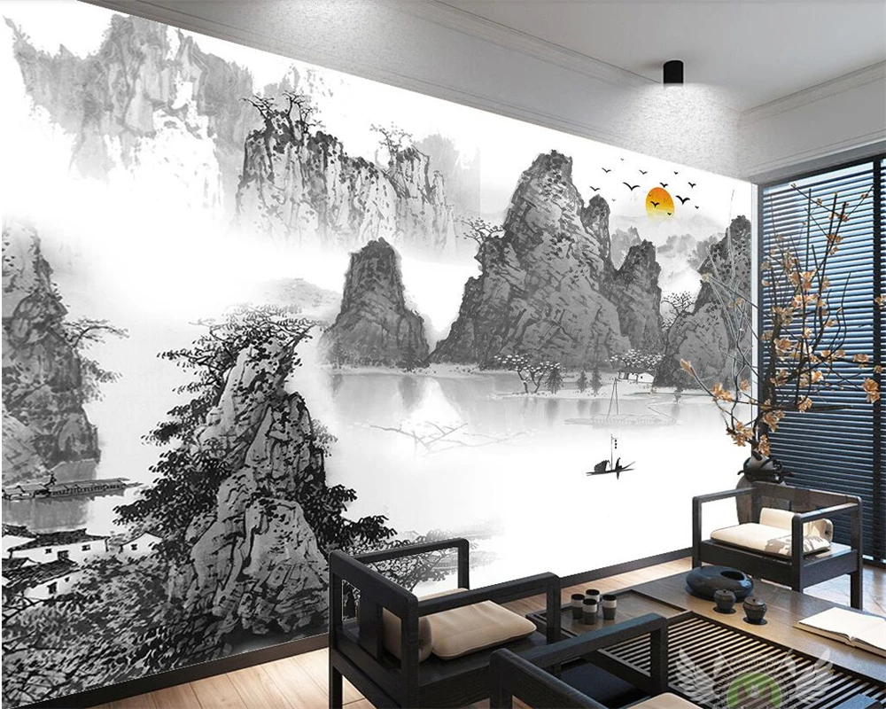 Beibehang Custom wallpaper black and white new Chinese landscape love landscape ink mood TV background wall murals 3d wallpaper