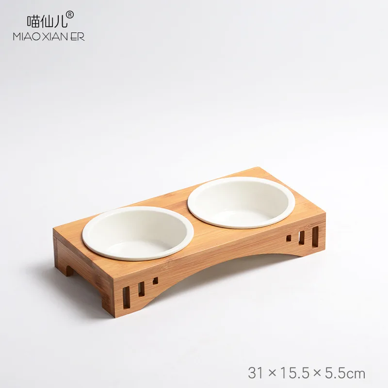 Dog Bowl Bamboo Holder Cat Feeder Ceramic Dog Double Bowls Stainless Steel Puppy Feeder Detachable Pet Bowl