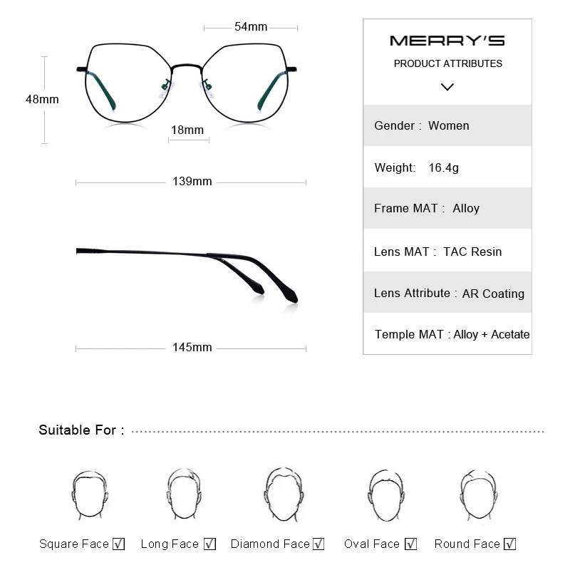 MERRYS DESIGN 여성용 패션 블루 라이트 차단 광학 프레임, 초경량 고양이 눈 근시 처방 안경, S2025