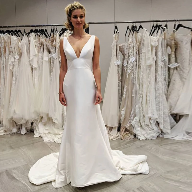 Robe De mariée en Satin Simple Style sirène, col en v profond, Sexy, élégante, bon marché, 2019