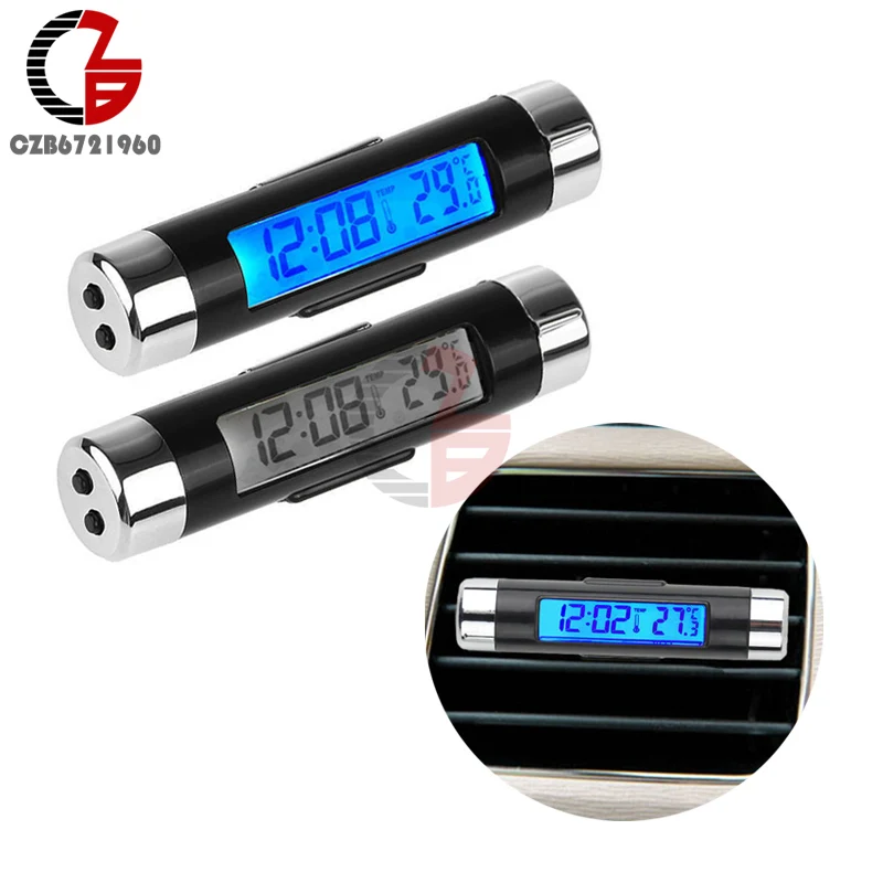 2 in 1 Temperature Time Clock Digital LCD Display Blue Backlight Hygrometer Thermometer for Car Auto Accessories Air Vent Outlet