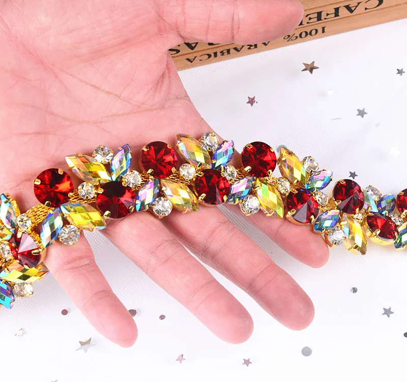 1 Yard Romantic Accessories Multicolor Glass Acrylic Rhinestone Chain Crystal Flower Trim Applique Sew Costume Shoes Diy Dresses