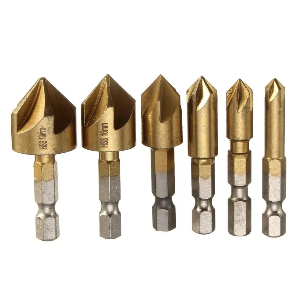 6 Pcs 1/4'' Hex Shank HSS 5 Flute Countersink Drill Bit Set 90 Degree For Wood Quick Change Bit 6mm-19mm