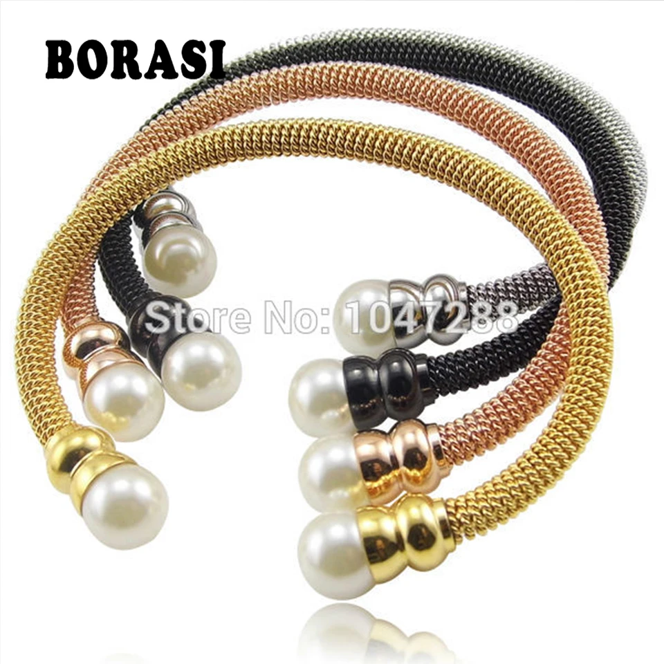 Italy Fashion Pearl Jewelry Elegant Twisted Chain Women's Bracelets IPG Gold-Color Stainless Steel Bracelets Bangles