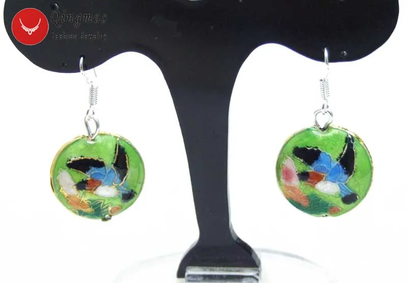 Qingmos 18mm Earrings for Women with Green Round Coin China Cloisonne Hummingbird Beads Dangle Earring Fine Jewelry Hook ear510