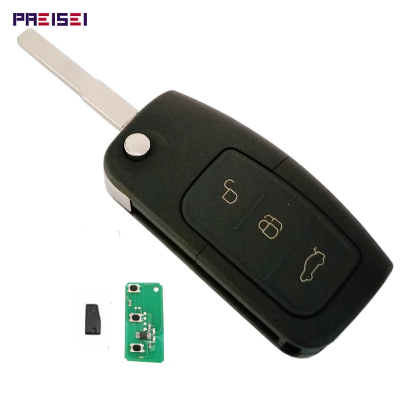 

PREISEI Black 3 Buttons Car Remote Flip Key For Ford Focus With 4D63 80bits Chip 433MHZ