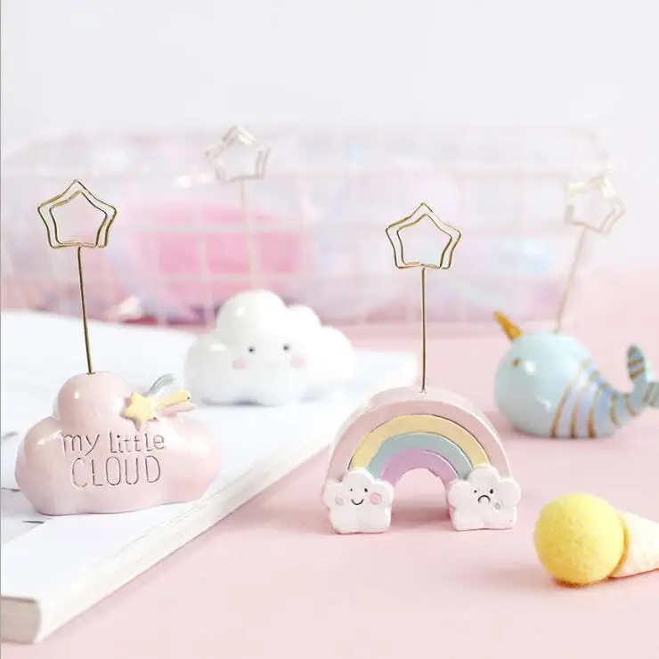 Kawaii Hars Rainbow Cloud Ocean Shell Foto Kaart Memo Clip Holder Wedding Party Clips Desk Decoratieve Gadget Ornament