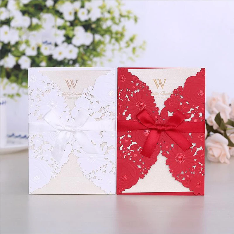 100pcs Red White Laser Cut Wedding Invitations Card Lace Elegant Greeting Cards Cover with Ribbon Wedding Party Favor Decoration