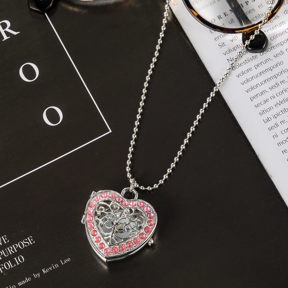 10pcs/Lot Stainless Steel Heart Necklace Pocket Women Girl Dress Watches Long Necklace Crystal Diamonds Pendant Watch GL18T Gift