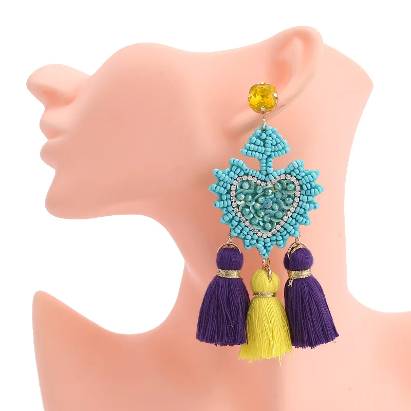 Sehuoran Bohemian Drop Earrings For Women Wedding Tassel Earrings Jewelry Heart Pendant Fringed BeadsHandmade Brand Design