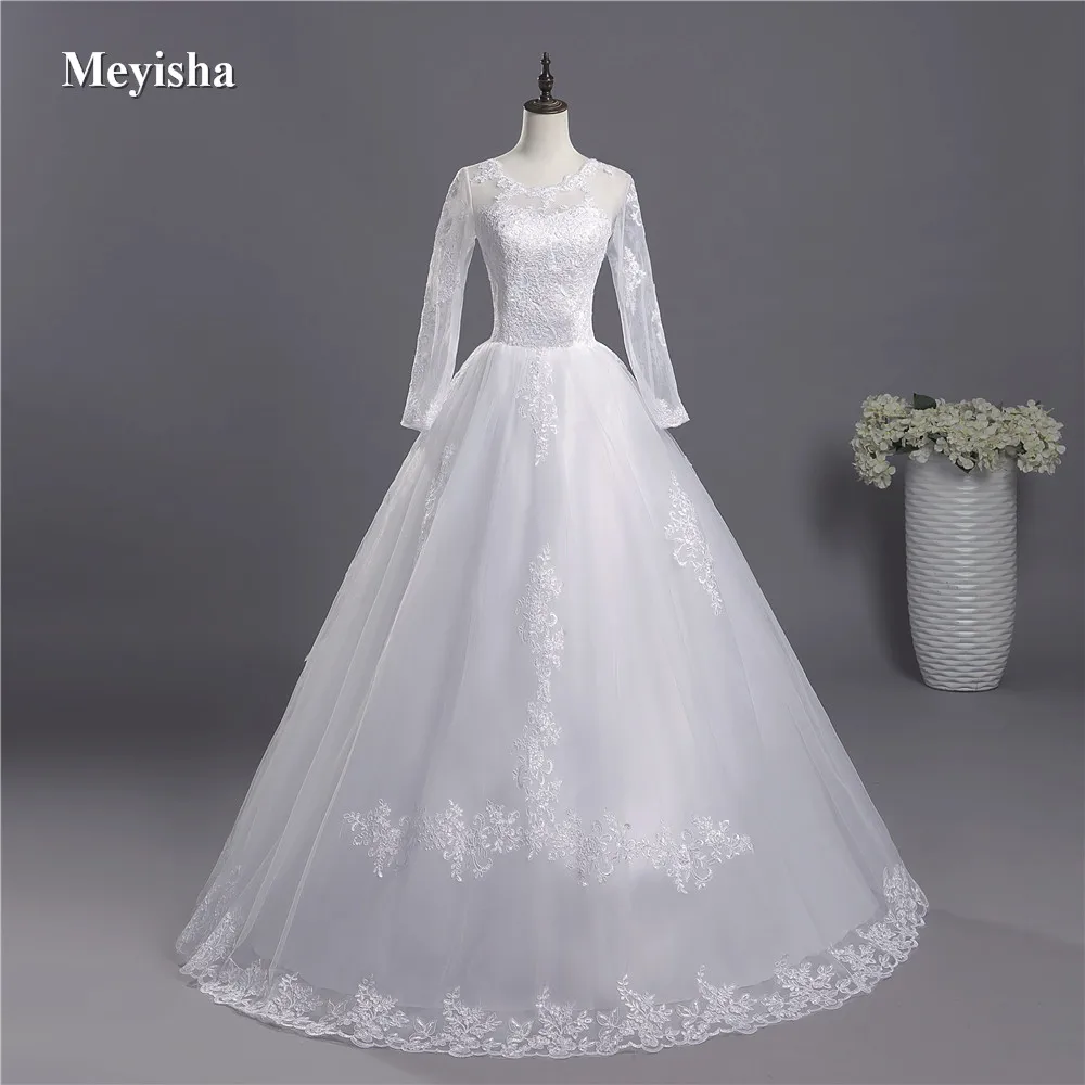 

ZJ3004 Corset Long Sleeve A line Tulle Lade edge Bottom Wedding Dress Beading Lace Appliques White Custom Made Bridal Gown