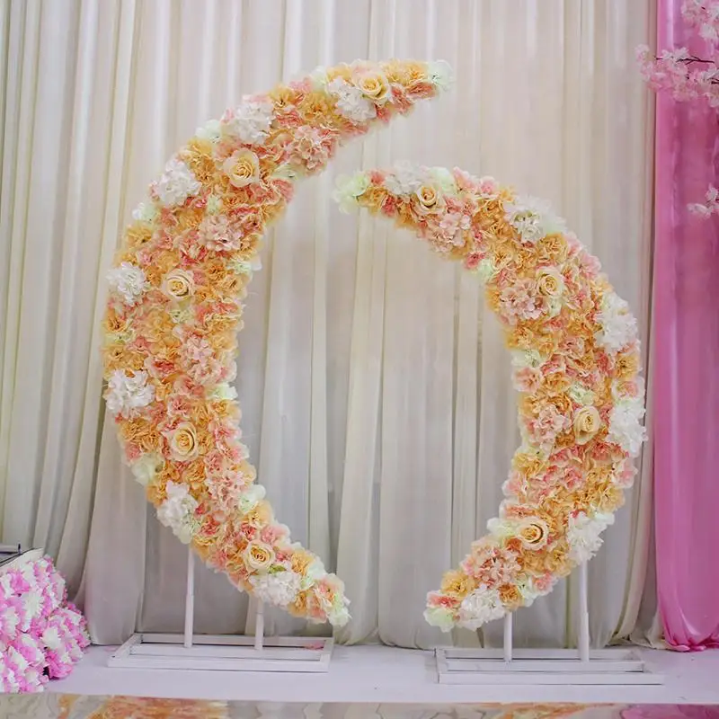 

2019 New Crescent Moon road lead Simulation rose Hydrangea Flower with Iron Arch Frame For Wedding party stage Props