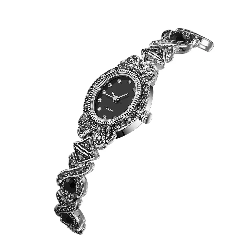 Vintage Women Rhinestone Quartz Watch Carved Alloy Band Bracelet Wristwatch Retro Crystal Clocks Gifts Women\'s Watch