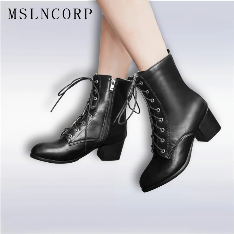 

Plus Size 34-45 Autumn Winter Women boots High heels Lace-Up Ladies Sapatos Martin Leather boots Square heel Snow Boots Shoes