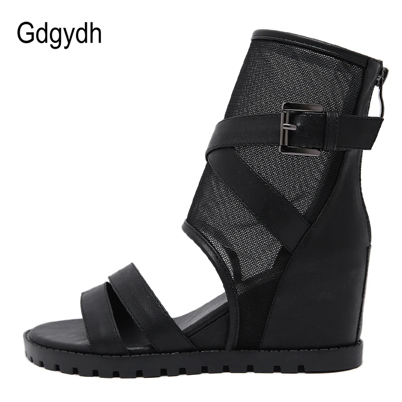 Gdgydh Ankle Strap Sandals Woman Wedge Air Mesh Punk Shoes Black Summer Sandal Shoes For Women Casual Shoes 2022 Good Quality