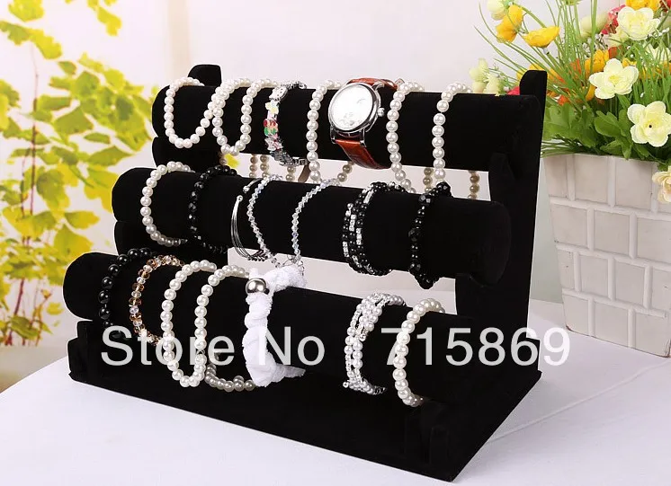 Free Shipping Black 3-Tier Velvet Watch/Bracelet Jewelry Display Cases Display Holder Stand Rack