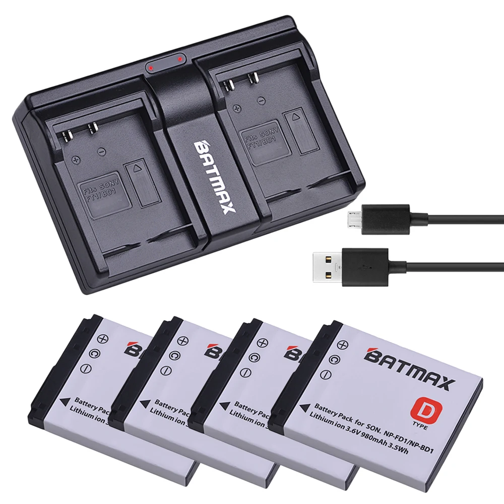 4Pcs NP-FD1 NP-BD1 NP BD1 Batteries+Dual USB Charger for sony DSC T300 TX1 T900 T700 T500 T200 T77 T900 T90 T70 T2 G3 S930