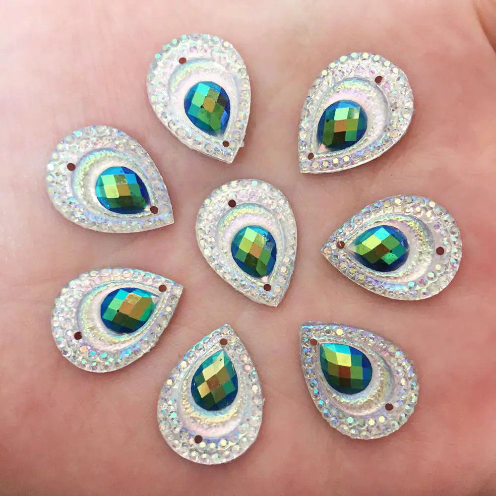 DIY 40PCS 13mm*18mm AB Resin Peacock Drop Flatback Rhinestone Wedding 2 Hole Crafts R35