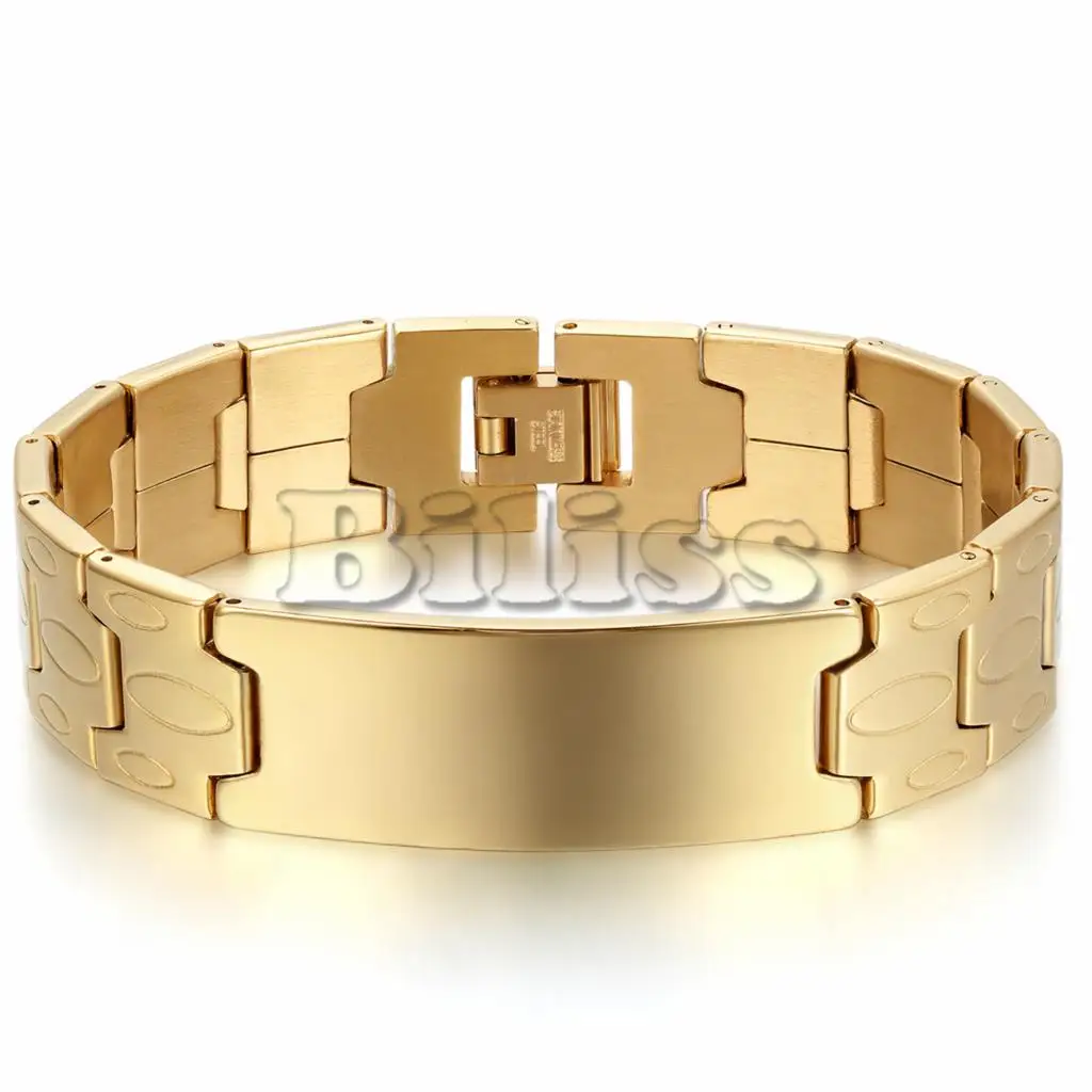 Fashion Men Jewelry Smooth Simply Men ID Bracelet  Silver Color Gold Stainless Steel 16mm Wide Bracelet pulseras hombre 8.1 inch