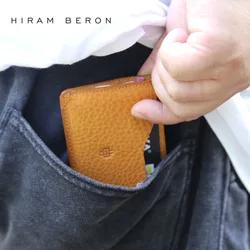 Hiram Beron tarjetero de cuero para hombre, billetera delgada de cuero curtido vegetal, funda para tarjetas de crédito