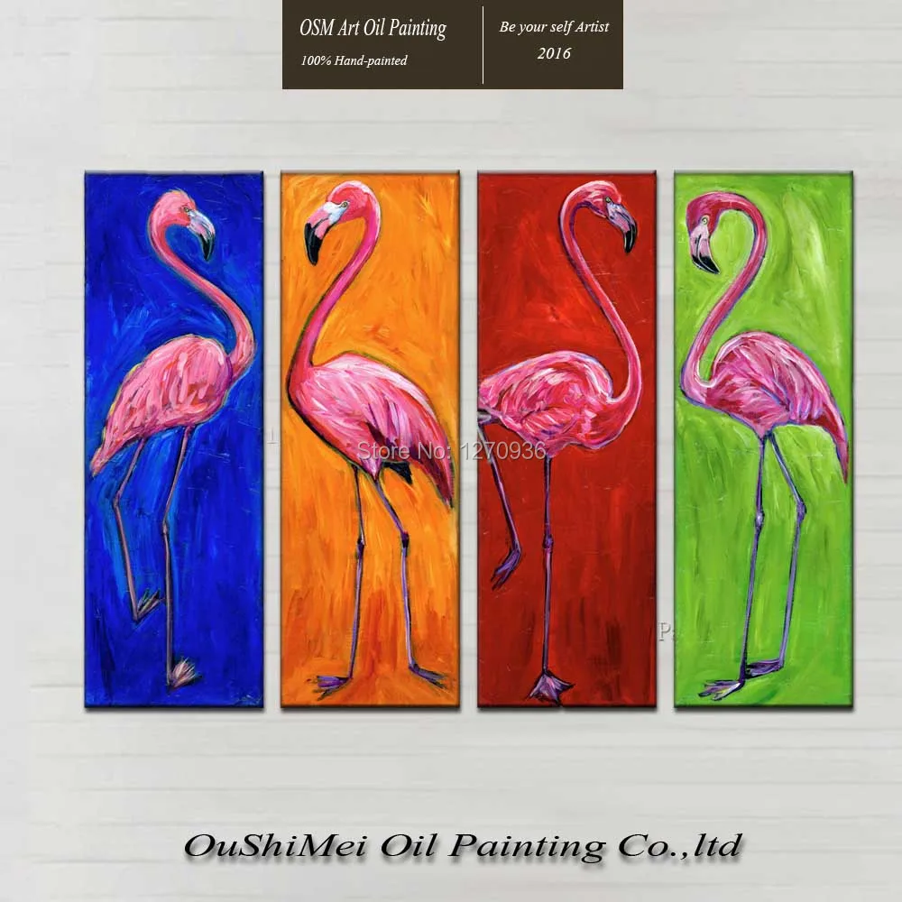 

Beautiful Pink Four Pairs of One Set Standing Together Flamingos Pure Hand-painted Animal Oil Painting on Canvas for Decoration