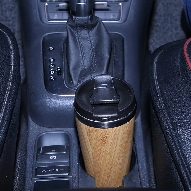 UPORS 450ml Bamboo Coffee Cup Stainless Steel Coffee Mug with Leak Proof Lid Travel Reusable Wooden Mug Insulated Coffee Tumbler