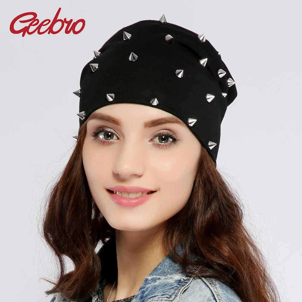 

Geebro Women's Silver Rivets Beanies Hat Spring Casual Hip-Hop Cotton Slouchy Knit Beanie for Women Skullies Men Bonnet Cap