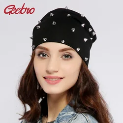 Geebro Women's Silver Rivets Beanies Hat Spring Casual Hip-Hop Cotton Slouchy Knit Beanie for Women Skullies Men Bonnet Cap