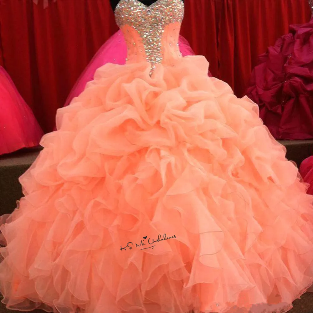 Vestidos de 15 Anos Cheap Quinceanera Gowns Sweet 16 Ball Gowns Organza Orange Quinceanera Dresses 2018 Crystals Plus Size