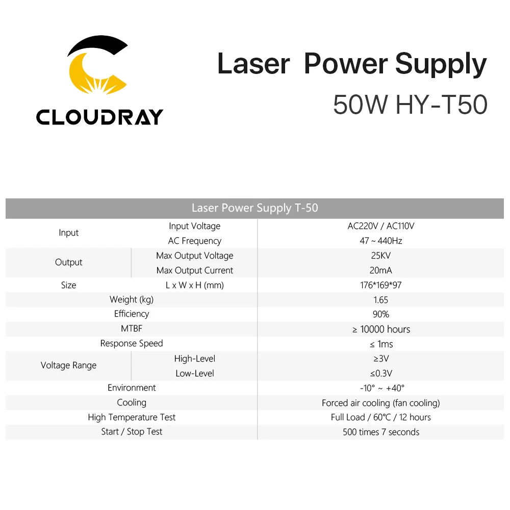 Cloudray 50W CO2 Laser Power Supply for CO2 Laser Engraving Cutting Machine HY-T50 T / W Series