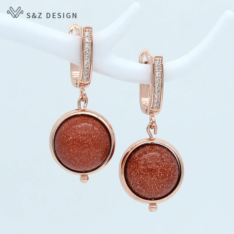 S&Z DESIGN New Trendy Zircon Natural Golden Sand Stone Drop Earrings For Women Fine 585 Rose Gold Color Fashion Jewelry