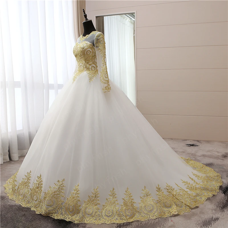 Vestidos de novia musulmanes de manga larga para mujer, vestidos de novia de talla grande 75, con apliques de encaje dorados, bordados, escote Corazón, blanco, azul y rojo