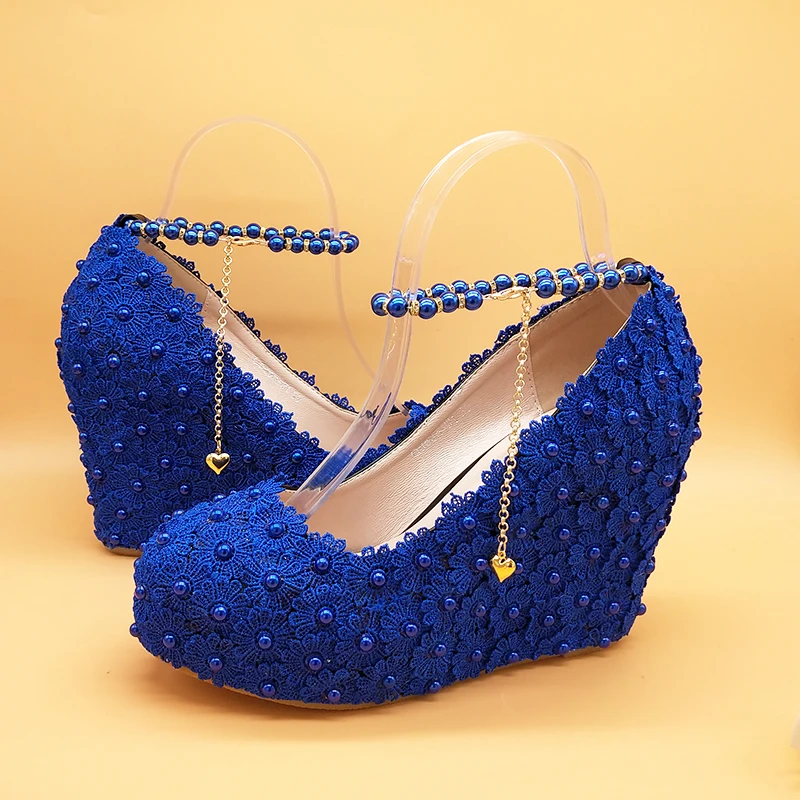 BaoYaFang  Royal Blue Ankle Strap Wedding shoes high heels platform shoes Wedges Flower Woman Pumps High Shoes Buckle Round Toe