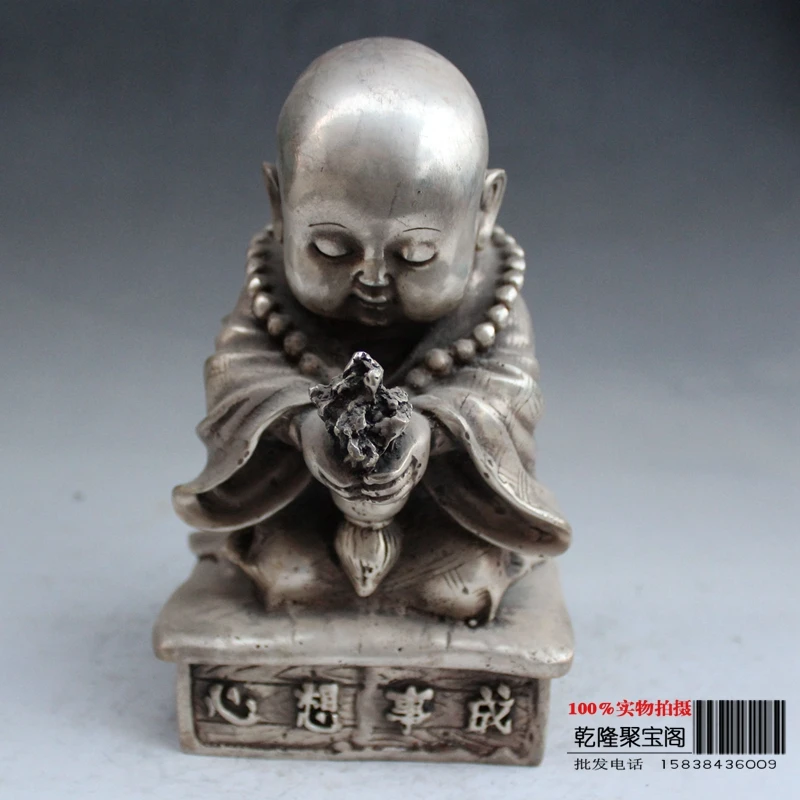 Tibet Silver Household fengshui adornment devout prayers young monk statue-All wishes come true metal handicraft