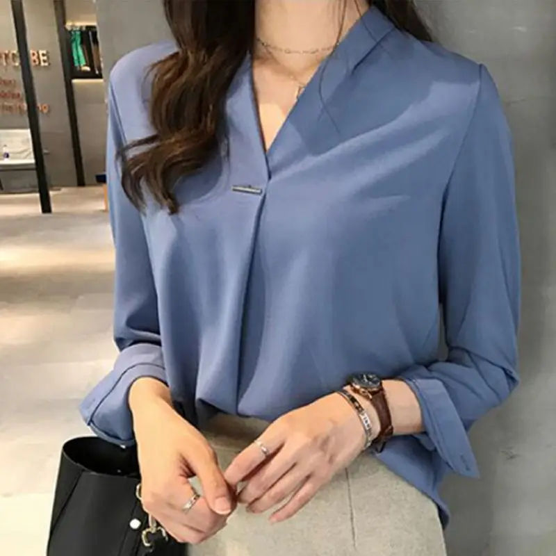 Office Lady Chiffon Blouse Shirt Zomer Blouse Tops Lange Mouwen V-hals Vrouwelijke Blouse