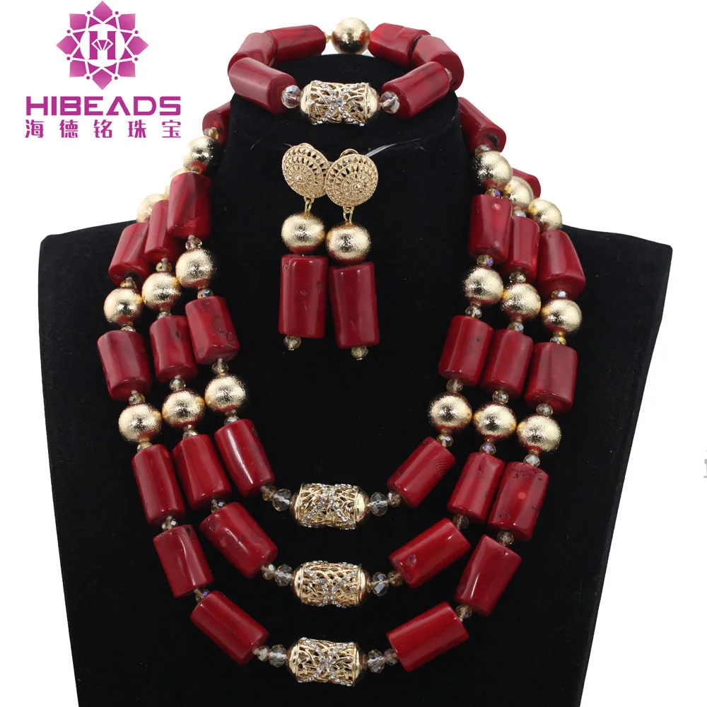 Trendy Gold Nigerian Dubai Jewelry Sets Traditional Wedding Beads Jewelry Sets Wine Red Coral Beaded Bridal Jewelry Sets ABH474