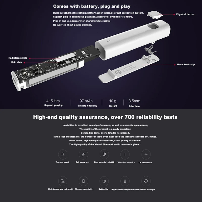 Xiaomi Bluetooth Audio Receiver Wireless Adapter Professional Amplifier Chip Bluetooth 4.2 Built-in Battery Dual-link Connection