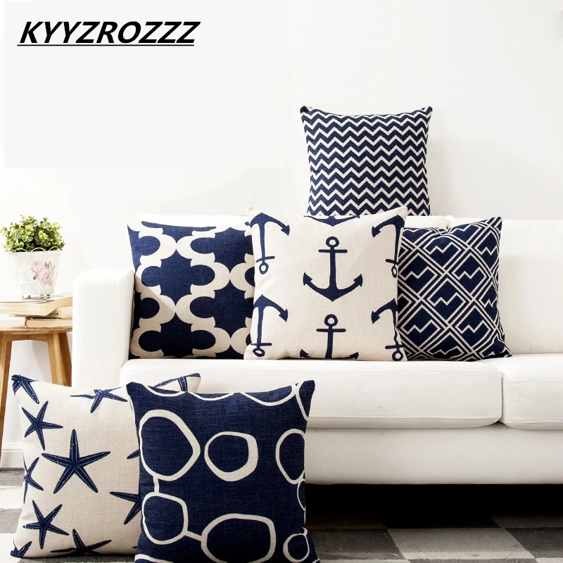 

Pillow Case Mediterranean Blue Sea Cushion Cover Cotton Linen Anchor Geometric Sailing Printed Throw Pillows Cover Home Decor