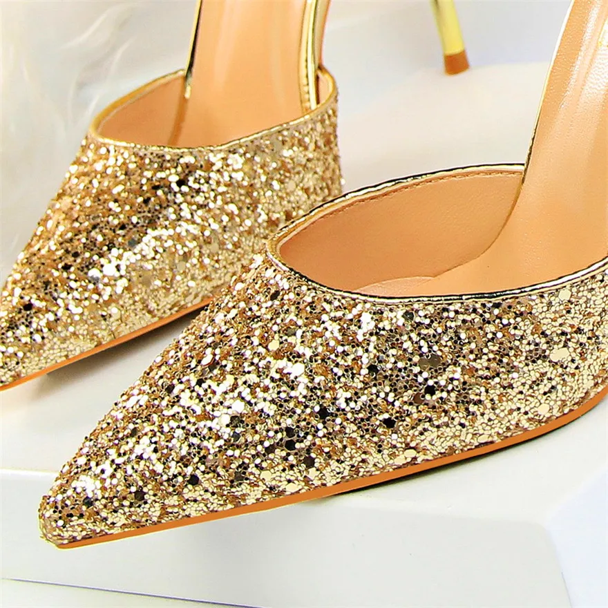 2022 Bling Thin Buckle Women Sandals Fashion Carved Metal High Heels Party Shoes Pointed Toe Gold Sequined Wedding Pumps Woman