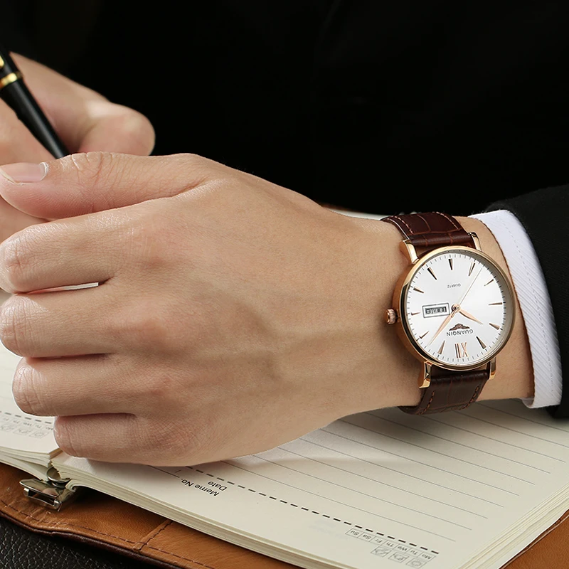 GUANQIN orologi da uomo di marca Business Quartz 30M orologi impermeabili cinturino in pelle da uomo orologio da polso da uomo con data automatica