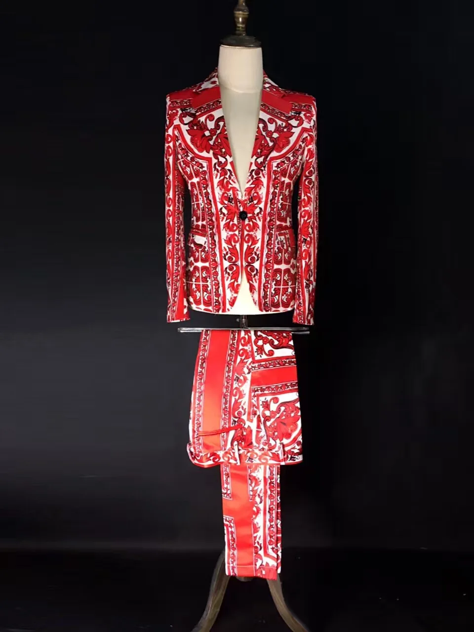 

Fashion Male Red Slim Flower Print suit Costumes Men's Blazer Formal dress Nightclub DJ singer dancer singer show performance