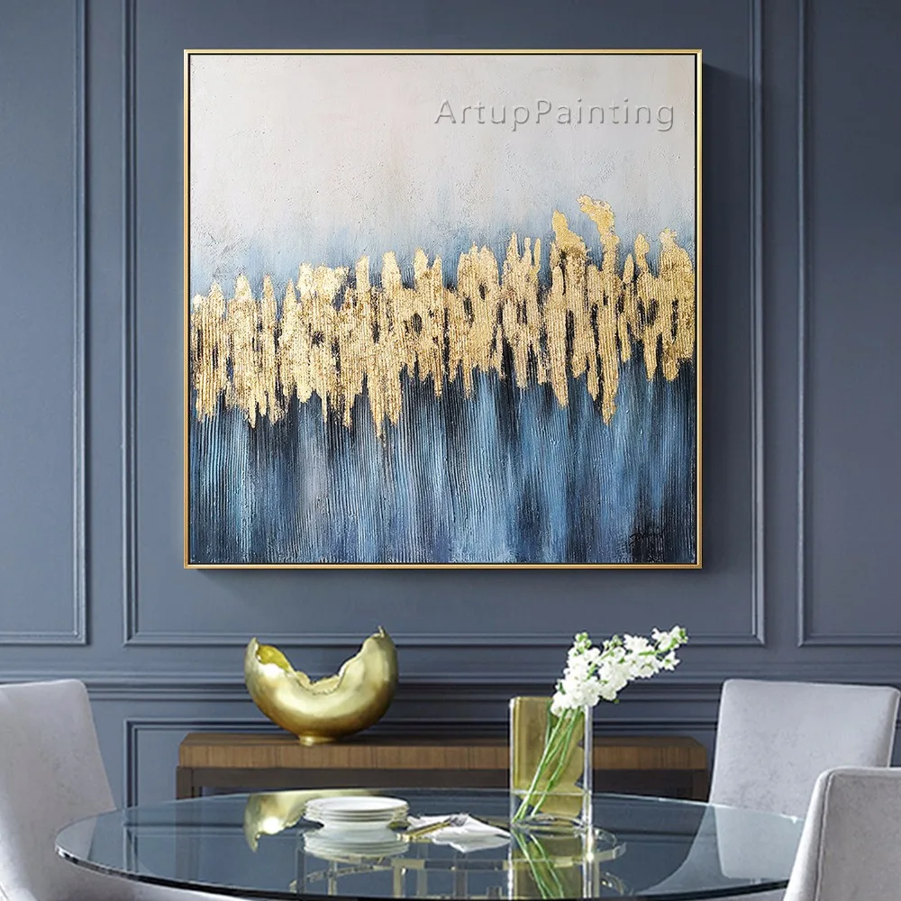 

Современные абстрактные картины синего золота с акриловым маслом на холсте, большие настенные художественные картины, ручная роспись для гостиной, домашнего декора, Quadro