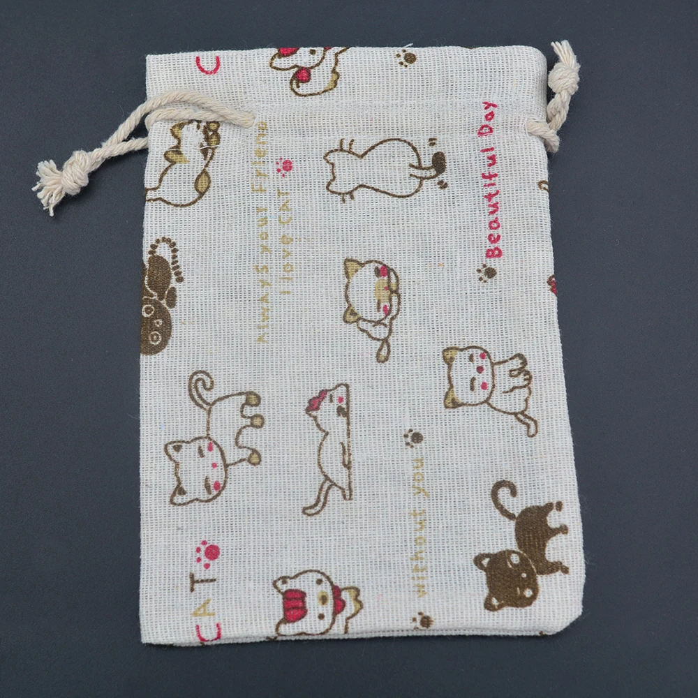 Cotton Gift Bags 10x14cm White Cartoon Cat Cotton Linen Drawstring Bags Jewelry Packaging Pouches Jute Gift Candy Bag 30Pcs