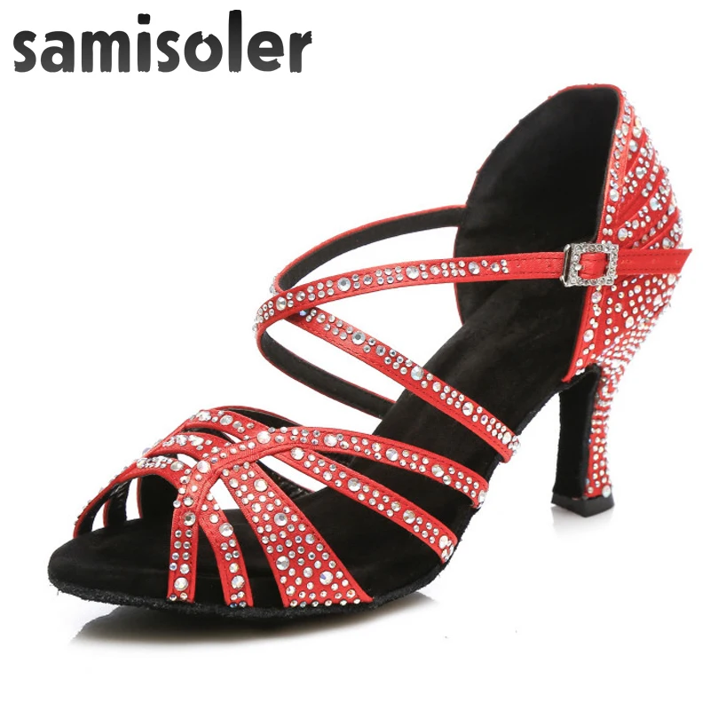 

Samisoler Latin Dance Shoes Women with Black Satin tango jazz Salsa Rhinestone Shoes Dance For Women Ballroom Dancing Shoes Hig