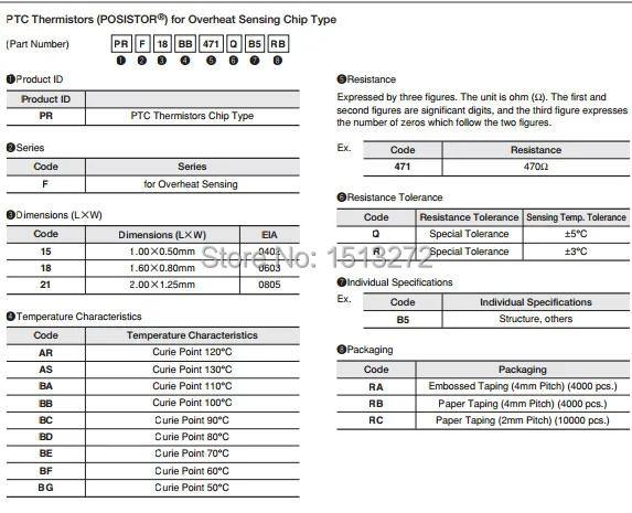 Thermistance PTC, 0603, 47K OHM, MURATA