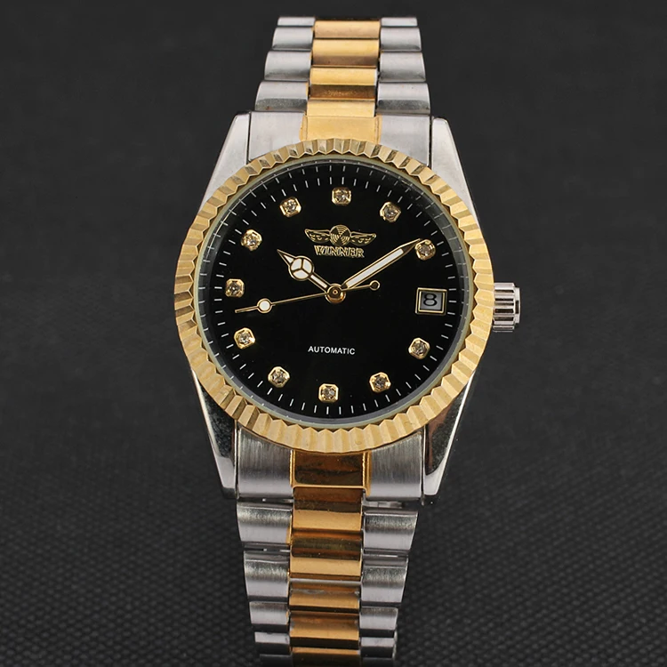 T-WINNER Watches New Arrival Automatic Mechanical Golden Gear Engraved Bezel Classic Diamond Dial Casual Women Metal Watch