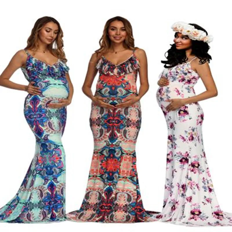 

Maternity Dress Photo Shoot Maxi Maternity Gown V-necked Trailing Strap Maternity Printed Gown Sexy Maternity Photography Props