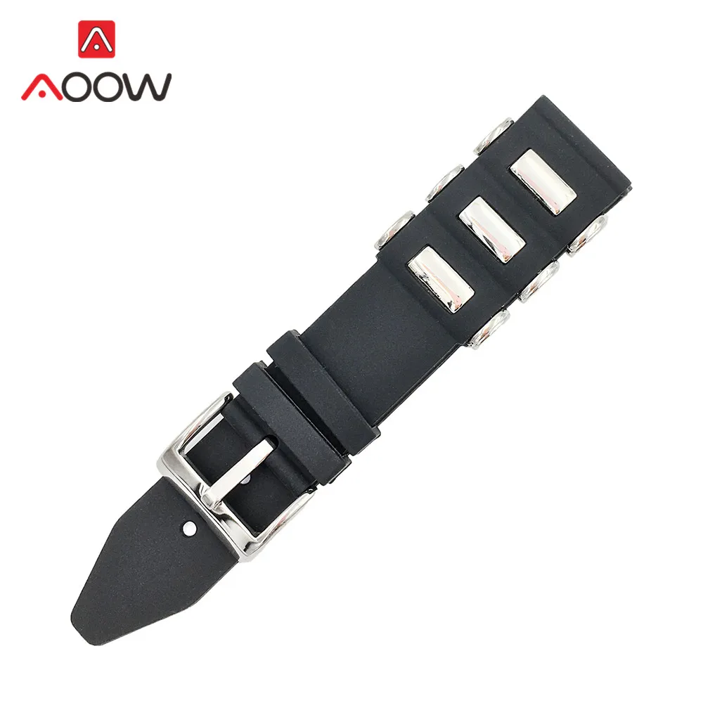 Silicone Watchband 20mm 22mm 24mm 26mm Metal Embedding Waterproof Black Rubber Replacement Bracelet Band Strap Watch Accessories