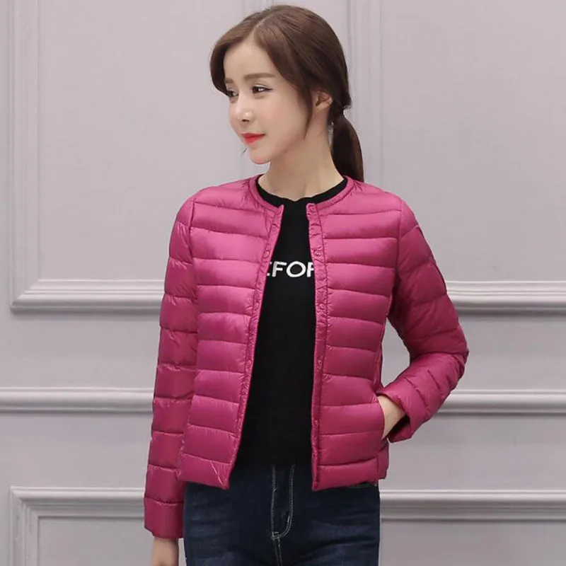 2018 Autumn Winter New Korean Light Thin Short Down Jacket Female Slim Round Neck Warm Button White Duck Down Coats